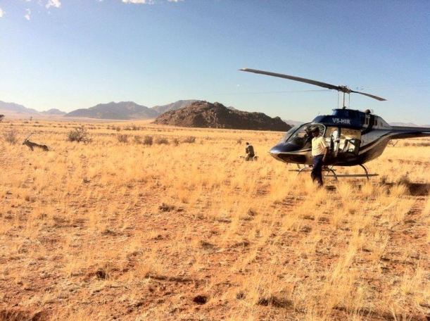 The Bell Jet-Ranger Helicopter used to deploy the satellite monitoring collars — at Namibrand Nature Reserve