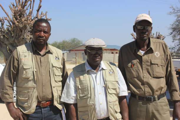 Newly elected leadership of the Landscape Management Committee: Right to left are Mr. Karita PSC representative, (Okamatapati Conservancy), Mr. Kandinda Chairperson (African Wilddog Conservancy) and Mr. Katjiveri  Vice-chairperson (Otjituuo Conservancy)
