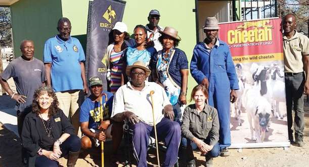 Traditional leaders gathered at the new field office of the four conservancies that constitute the Greater Waterberg landscape to strategise with the staff of the Cheetah Conservation Fund. The cheetah queen, Dr Laurie Marker squats on the left. (Photograph by the Cheetah Conservation Fund)
